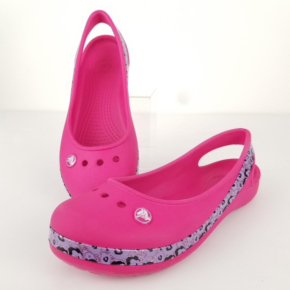 Crocs Pink Sling Back‎ Flats W/ Purple Leopard Band